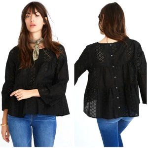 Madewell Black Eyelet Tiered Button Back Top XXS